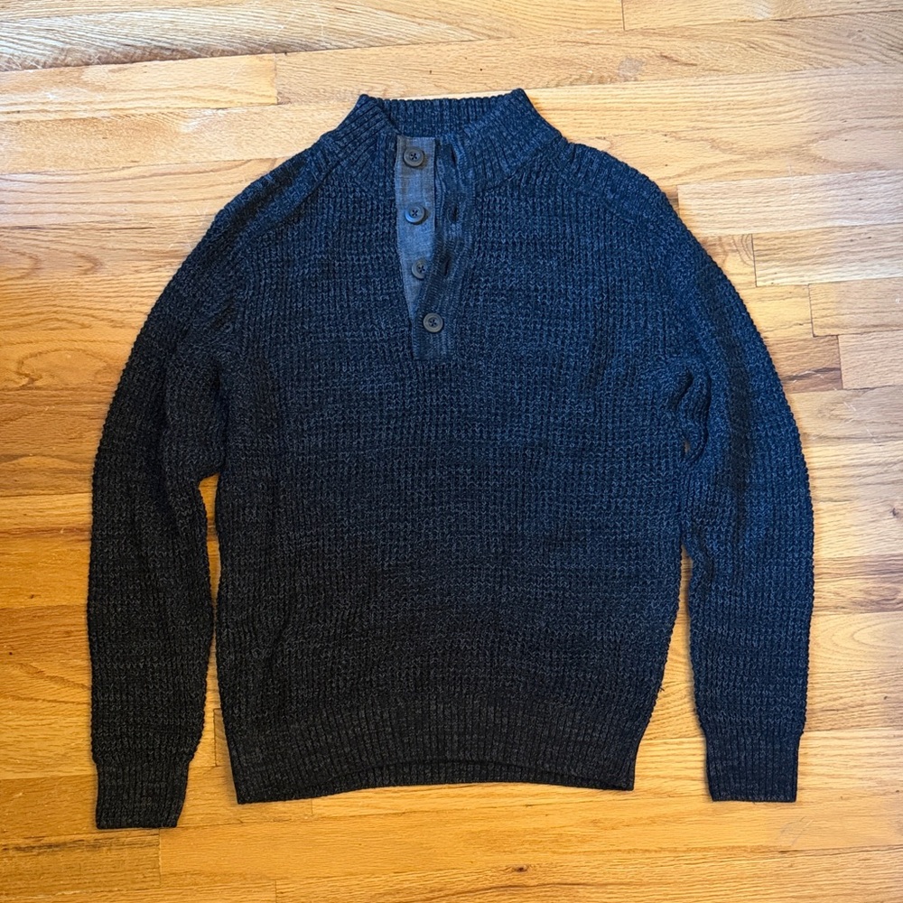 Men's Dark Charcoal Button-Neck Knit Sweater